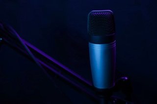 A professional studio microphone with a pop filter standing inside a recording booth with a dark, aesthetic background.