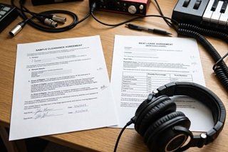 A close-up of a music licensing contract on a wooden studio desk next to studio headphones and a pen.