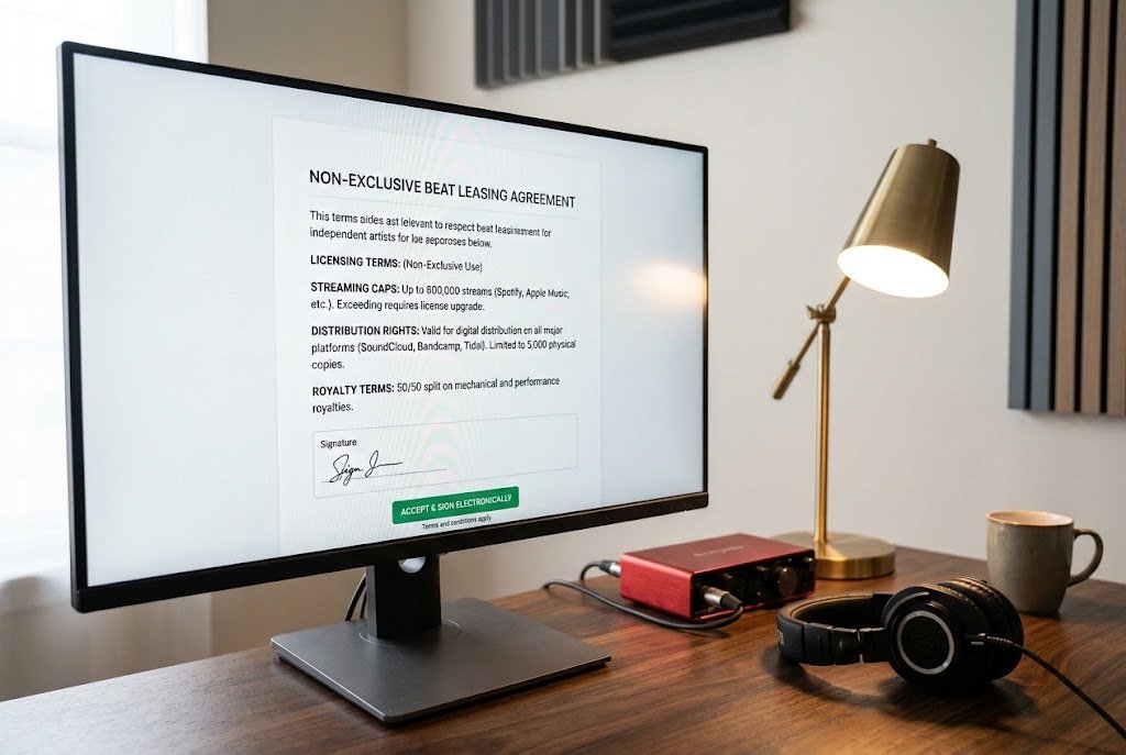 A digital tablet showing a music licensing contract on a studio desk next to an audio interface and headphones.